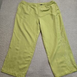 J H Collectibles Linen Blend Casual Pants Lime Green Embroidered Leg Sz 22W